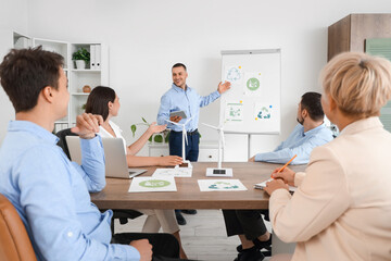 Canvas Print - Male engineer with recycle signs giving his colleagues presentation in office