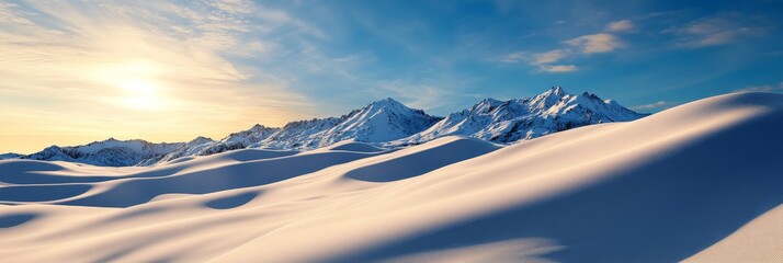 Majestic snowy mountain peaks rise above a vast expanse of rolling white dunes, bathed in the warm glow of the setting sun. The scene evokes a sense of tranquility, vastness, and the beauty of nature'