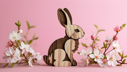 Wooden Bunny Rabbit Silhouette Among Spring Flowers on Pink Background, Embracing Easter and New Beginnings