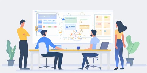 Fototapete - Team of UX designers conducting a brainstorming session, with collaborative tools, user journey maps, and design feedback visible, showcasing a creative and integrated approach
