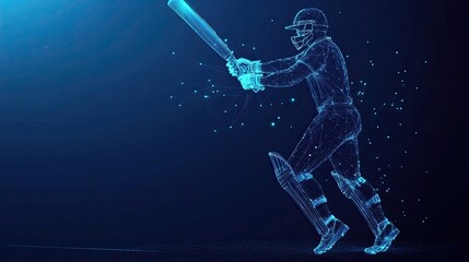 Wall Mural - Digital Blue Low Poly Cricket Player with Glowing Data Streams: AI in Sports Analytics, Performance Tracking, and Training Programs Illustrated with Wireframe Player.