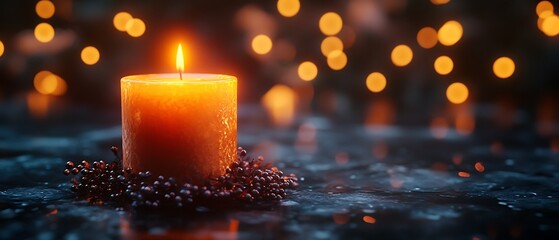 Wall Mural - A single candle flame illuminates a dark background with warm, blurry lights, creating a cozy and intimate atmosphere.