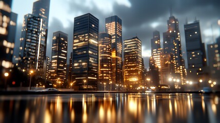 Modern high-tech skyscrapers, night scene with glowing lights, 3D illustration