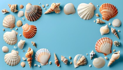 Wall Mural - Seashell Border Embracing a Light Blue Canvas Reflecting Summer Vibes, Beach Life, and Ocean Adventures