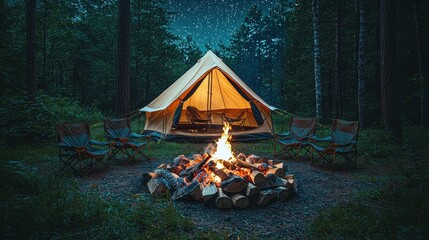 Canvas Print - Campfire Under the Stars with Tent and Chairs