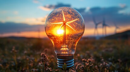 Wall Mural - A light bulb with a wind turbine design etched on its glass, glowing against a backdrop of a clear blue sky, highlighting renewable energy sources. 