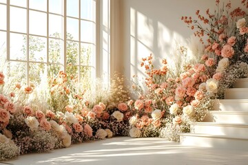 Wall Mural - Beautiful wedding backdrop with flowers and staircase generative AI