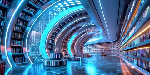 Wall Mural - Futuristic virtual library with animated digital books and interactive features, set in a modern, high-tech environment with vibrant colors and dynamic effects