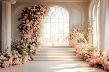 Wall Mural - Beautiful wedding backdrop with flowers and staircase generative AI