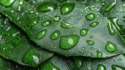 Canvas Print - Green Leaves with Water Droplets  Close up Macro Nature Photography