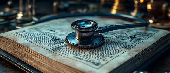 A stethoscope rests atop an aged, open book, suggesting a blend of old and new medical practices.