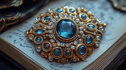 A vintage, ornate brooch with a large blue stone in the center and surrounded by smaller blue and white stones.