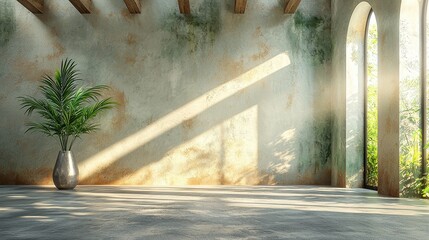 Sticker - Empty Room with Green Plant  Sunbeams  and Arch Windows