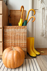 Wall Mural - Basket with umbrellas, pumpkin and gumboots in hallway