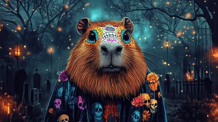 A surreal, colorful capybara adorned with skulls and vibrant designs stands in a misty, spooky graveyard setting.