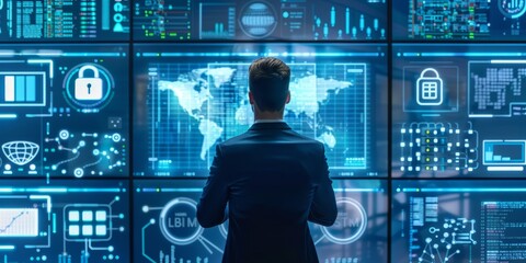 Leinwandbilder - Image of a professional examining security policies with a backdrop of cybersecurity elements like padlocks, firewalls, and encryption charts in a high-tech office environment
