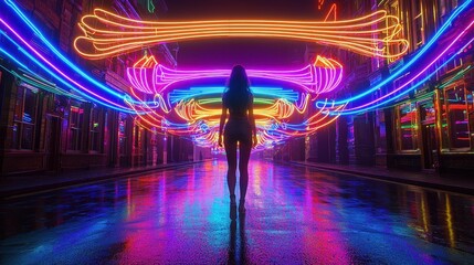 Canvas Print - Neon Cityscape Woman Silhouette Cyberpunk Art