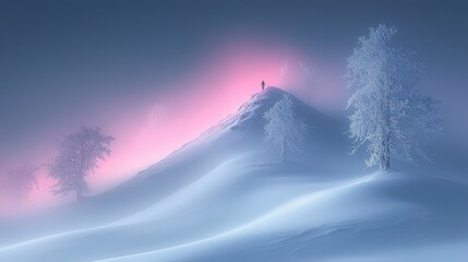 Sticker - Silhouette of a Person Standing on Snowy Mountain Peak with Trees in the Fog at Sunset