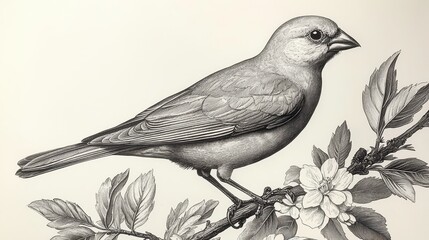 Canvas Print - Black and White Illustration of a Bird on a Branch with Flowers