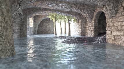 Poster - Flooded Stone Cave with Trees and Water Reflection