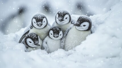 Sticker - Adorable Penguin Chicks Huddled Together in the Snow