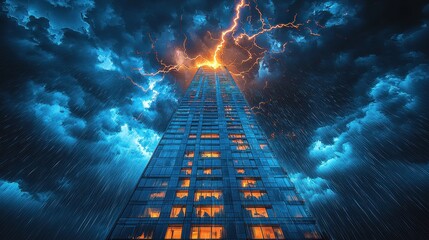 Sticker - Skyscraper Lightning Storm Rain Clouds Cityscape Architecture Night