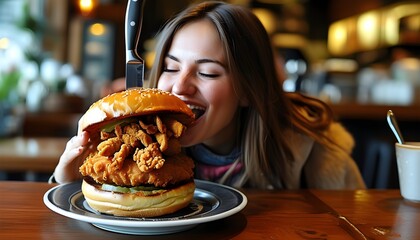 Joyful woman presenting a double hamburger with layers of pork and chicken, topped with crispy sesame buns, at a charming cafe