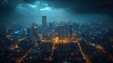 Poster - Night Cityscape with Skyscrapers and Streetlights