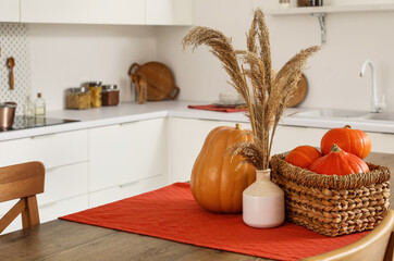 Wall Mural - Pumpkins and pampas grass on dining table. Closeup