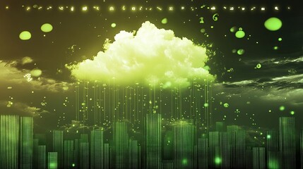 Wall Mural - Environmental Benefits of Cloud Computing with Green Energy Icons and Data Centers: Eco-Friendly Aspects of Cloud Computing Illustrated with Green Energy and Data Centers.