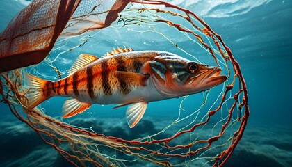 Underwater Perspective on Sustainable Fishing: A Caught Fish in a Net Highlighting Environmental Awareness