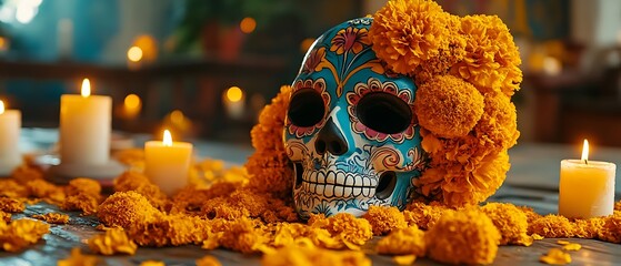 Decorated sugar skull surrounded by marigolds and candles for the Day of the Dead.