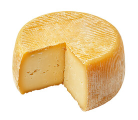 Whole round hard cheese with a cut slice, isolated on transparent cutout background