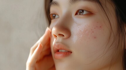 Close-up of a young Asian woman hand applying a spot treatment to her face, emphasizing acne care and prevention.