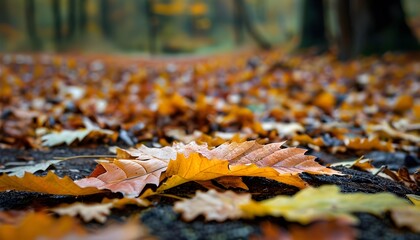 Vibrant tapestry of autumn leaves blanketing the ground, showcasing rich forest colors and inviting tranquility with ample space for contemplation