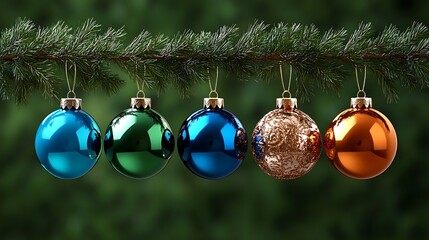 Colorful Christmas Ornaments on Green Pine Branch