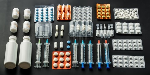 Wall Mural - an assortment of pharmaceutical drugs and their packaging, including pills, vials, and syringes, wit