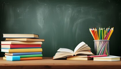 Wall Mural - vibrant back to school scene with books and colorful pencils on a table set against a blackboard backdrop