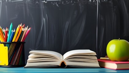 Wall Mural - vibrant back to school scene with books and colorful pencils on a table set against a blackboard backdrop