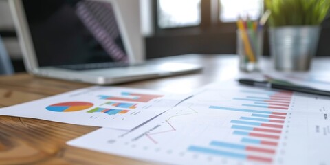 Wall Mural - A desk with portfolio analysis documents, including trend graphs and pie charts, representing thorough evaluation and strategic insights into investment portfolios and assets