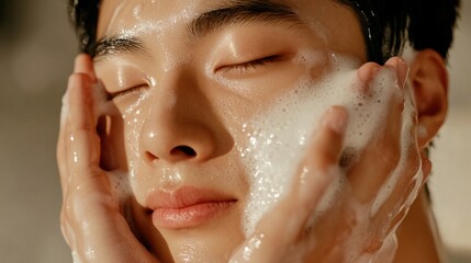 Close-up of a young Asian man gently cleansing his face with a foam cleanser as part of his skincare routine.