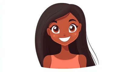 Canvas Print - A charming illustration of an adorable girl with striking brown eyes, flowing hair, and a radiant smile that brightens her face.