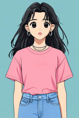 Sticker - A curvy anime girl in a cute pink tee stands out against a dark backdrop, showcasing vibrant colors and charm.