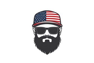 Wall Mural - American-style character with a beard, glasses, mustache and glasses. logo on a white background