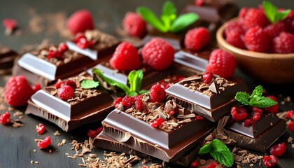 Delicious chocolate bars adorned with vibrant red fruits, luscious raspberries, and fresh mint celebrating Chocolate World Day