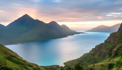 Panoramic View of Mountains and Coast at Sunset