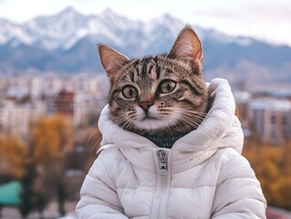 A cute tabby cat wearing a white winter coat looks directly at the camera with a cityscape and mountain range behind it.