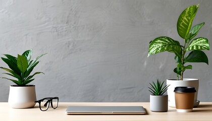 Sleek minimalist office desk featuring laptop, glasses, coffee mug, and greenery with ample copy space