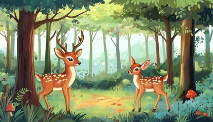 whimsical forest illustration featuring deer and enchanting fairy tale elements