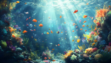 A dreamy underwater scene with schools of colorful fish, corals, and rays of sunlight penetrating through the water’s surface